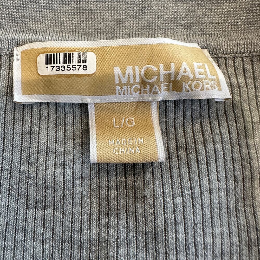 Michael Kors Gray Polo Sweater LARGE Fitted Cardigan Preppy Silk Cotton $300 - Picture 9 of 11